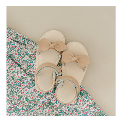 Leigh Knotted Bow Latte Sandal - L'Amour Shoes - Girls Toddler Wedge Sandal