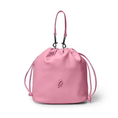 Soft pink medium drawstring bucket bag with adjustable straps and a sleek design, perfect for stylish everyday use.