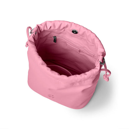 Soft pink medium drawstring bucket bag with a spacious interior and inner pocket for organization.