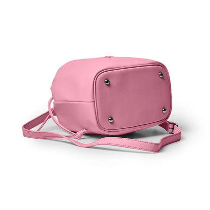 Soft pink medium drawstring bucket bag with a sleek design and adjustable shoulder strap. Ideal for stylish everyday use.