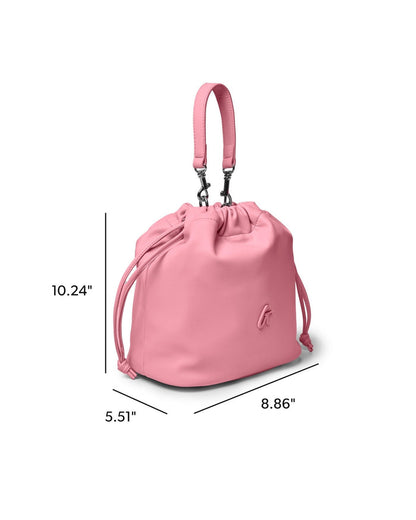Soft pink medium drawstring bucket bag with adjustable straps, perfect for stylish, affordable luxury.