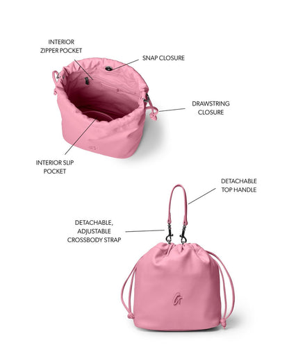 Soft pink medium drawstring bucket bag with adjustable crossbody strap and interior pockets for organization.
