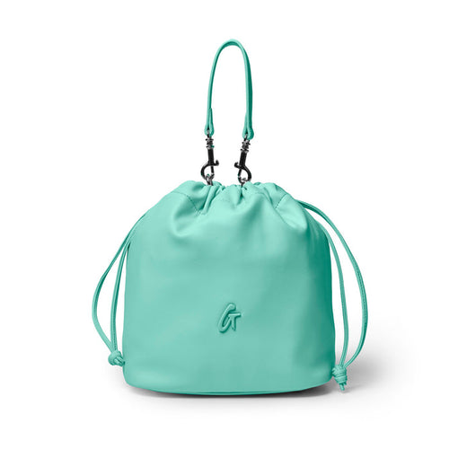 Teal medium drawstring bucket bag with adjustable straps and a sleek design, perfect for stylish everyday use.