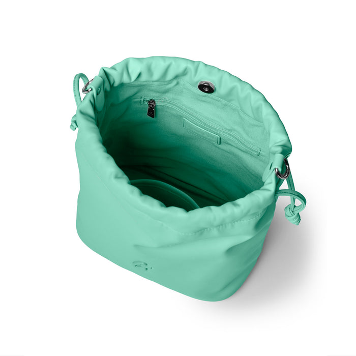 Teal medium drawstring bucket bag with a spacious interior and secure closure, perfect for stylish organization.