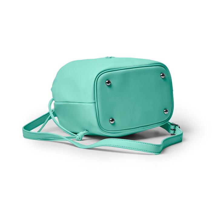 Teal medium drawstring bucket bag with a sleek design and adjustable strap, perfect for stylish everyday use.