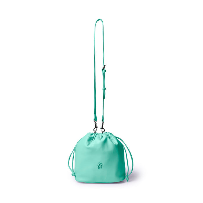 Teal medium drawstring bucket bag with adjustable strap and logo detail, perfect for stylish everyday use.