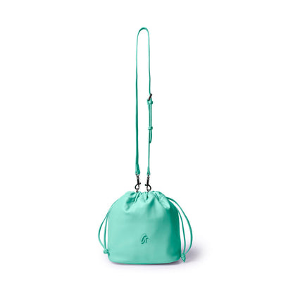 Teal medium drawstring bucket bag with adjustable strap and logo detail, perfect for stylish everyday use.