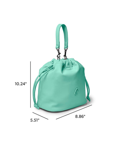 Teal medium drawstring bucket bag with adjustable straps, featuring a sleek design and spacious interior.
