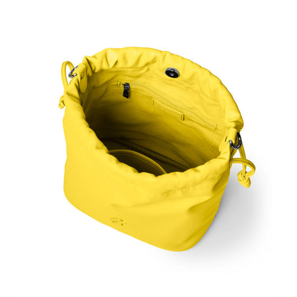 Medium yellow drawstring bucket bag with a spacious interior and inner pocket for organization.