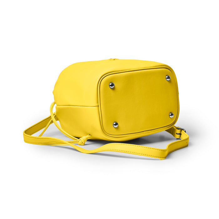 Medium yellow drawstring bucket bag with a sleek design and adjustable strap, perfect for stylish everyday use.