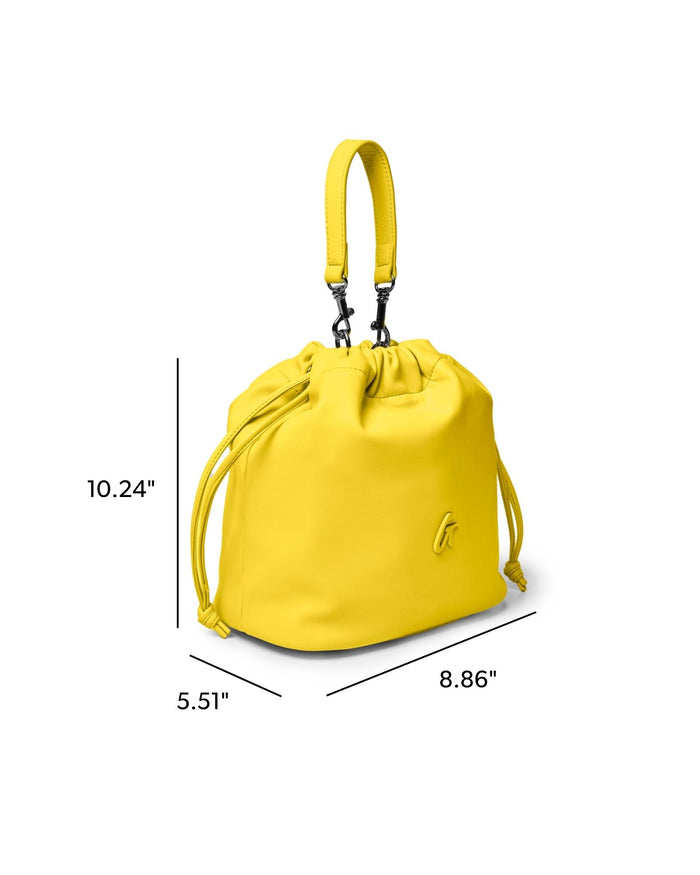 Medium yellow drawstring bucket bag featuring a sleek design and adjustable straps, perfect for stylish everyday use.
