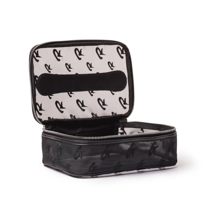 Medium black mesh monogram toiletry bag with a zippered closure, featuring a patterned interior and multiple compartments.