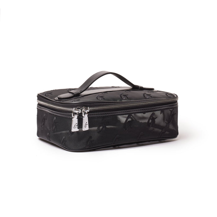 Black medium mesh monogram toiletry bag with a handle, zip closure, and monogram pattern, ideal for travel organization.