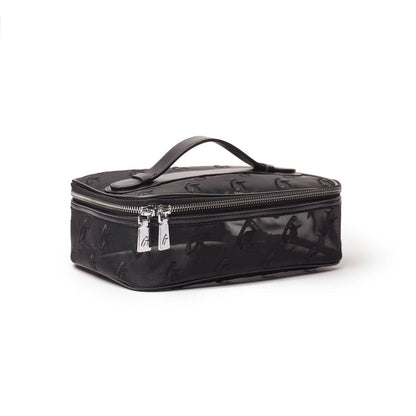 Black medium mesh monogram toiletry bag with a handle, zip closure, and monogram pattern, ideal for travel organization.