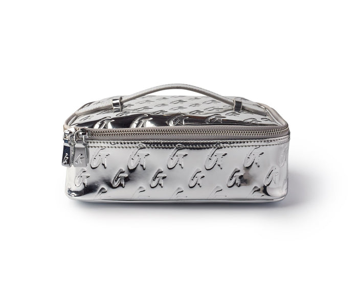 Medium metallic silver monogram toiletry bag with embossed logo pattern and zipper closure, stylish and compact for travel.