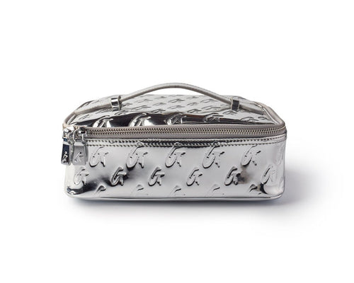 Medium metallic silver monogram toiletry bag with embossed logo pattern and zipper closure, stylish and compact for travel.