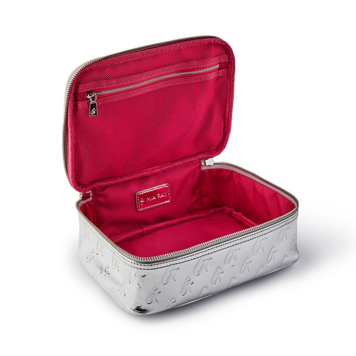 Medium metallic silver monogram toiletry bag with a pink interior, zipper closure, and multiple compartments.