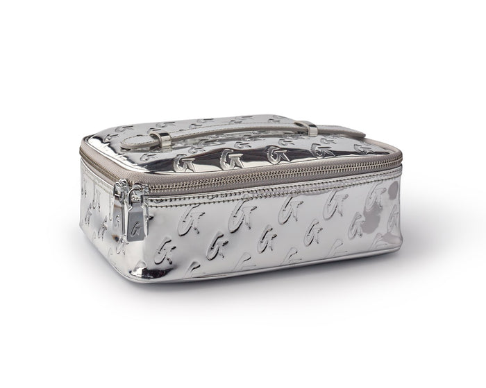 Medium metallic silver monogram toiletry bag with a shiny, embossed pattern and a top handle.