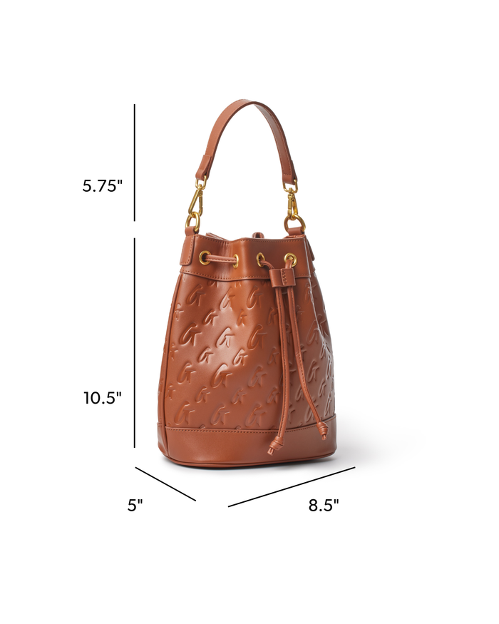 Medium brown monogram bucket bag with gold hardware and adjustable strap, perfect for stylish everyday use.