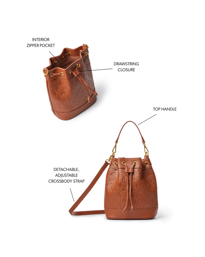 Medium brown monogram bucket bag featuring a drawstring closure, top handle, and adjustable crossbody strap.