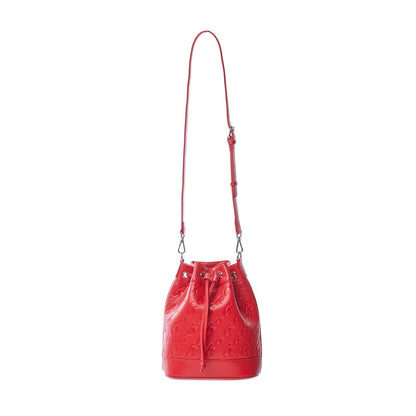 Red medium monogram bucket bag with a drawstring closure and adjustable shoulder strap.