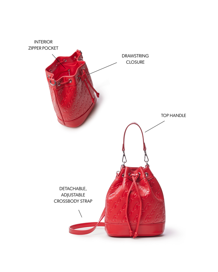 Medium red monogram bucket bag featuring a drawstring closure, top handle, and detachable adjustable crossbody strap.