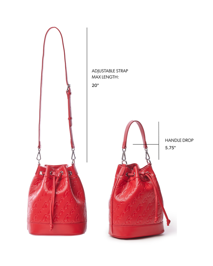 Medium red monogram bucket bag with adjustable strap and drawstring closure, perfect for stylish everyday use.