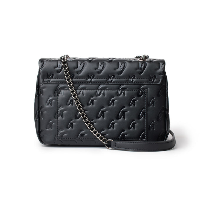 Black medium monogram flap bag with embossed G pattern, chain strap, and front pocket.