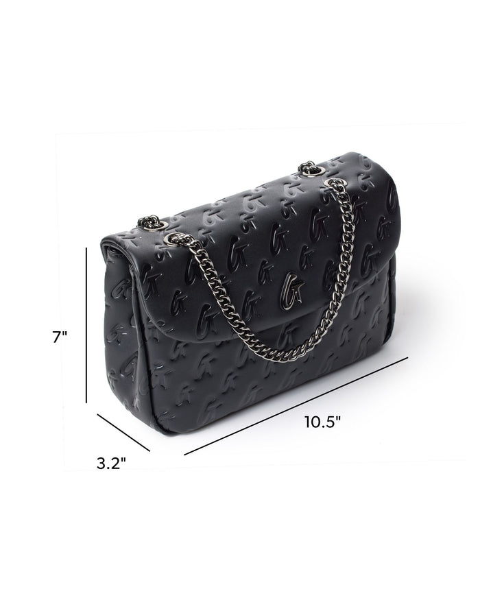 Medium black monogram flap bag featuring a chain strap and embossed logo design, perfect for stylish everyday use.