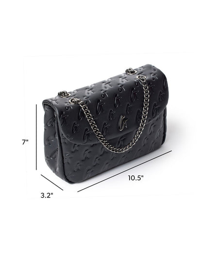 Medium black monogram flap bag featuring a chain strap and embossed logo design, perfect for stylish everyday use.