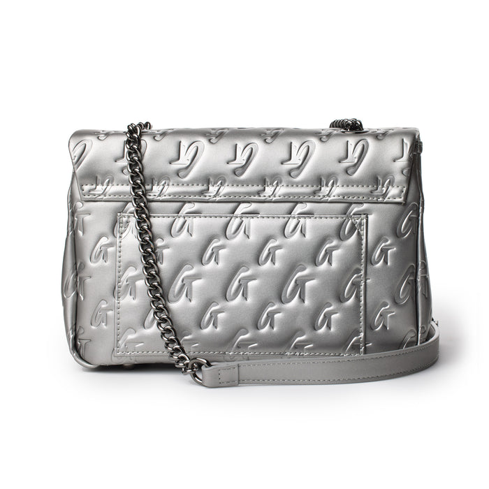 Medium platinum monogram flap bag with embossed G logo pattern, chain strap, and sleek metallic finish.