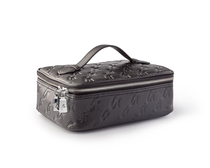Medium black monogram toiletry bag with embossed logo pattern, silver zipper, and top handle for travel organization.