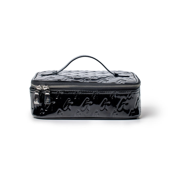 Medium black monogram toiletry bag with a handle and silver zipper, featuring embossed monogram pattern and mirror finish.