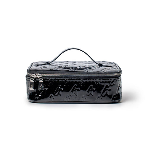 Medium black monogram toiletry bag with a handle and silver zipper, featuring embossed monogram pattern and mirror finish.