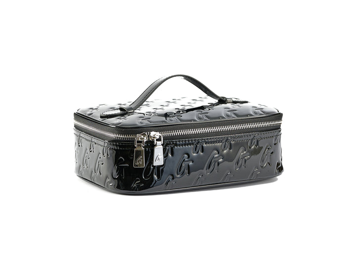 Black glossy monogram toiletry bag with a handle, embossed with a repeating "G" pattern and silver zipper.
