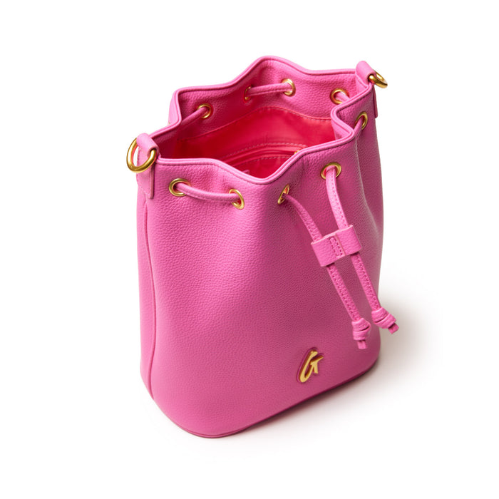 Medium pink pebble bucket bag with gold hardware, drawstring closure, and interior pocket, stylish and spacious for everyday use.