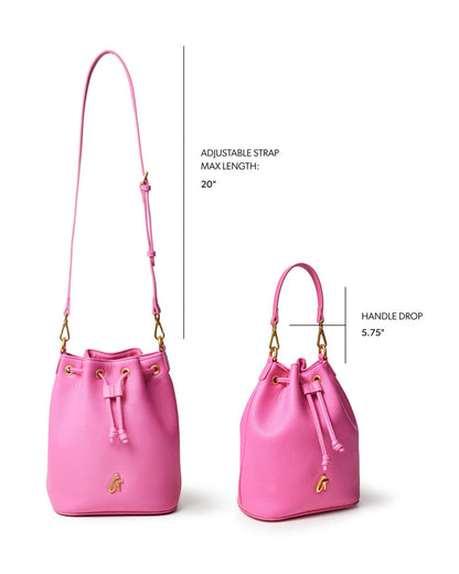 Hot pink medium pebble bucket bag with adjustable strap and gold accents, perfect for stylish everyday use.