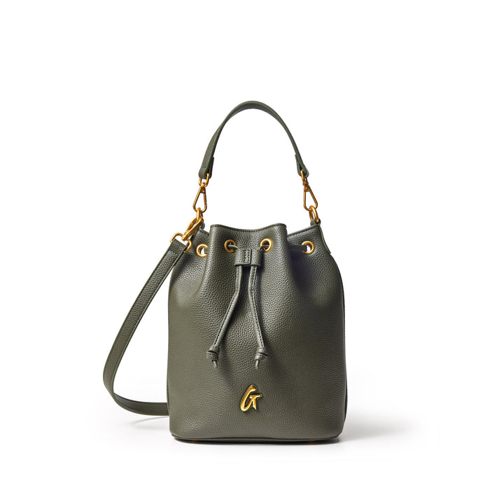 Medium olive green pebble bucket bag with gold hardware, drawstring closure, and adjustable shoulder strap.