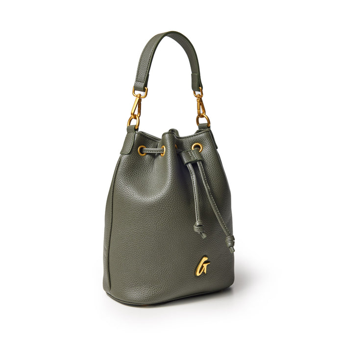Medium olive green pebble bucket bag with gold hardware, adjustable strap, and drawstring closure.