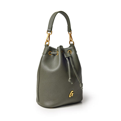 Medium olive green pebble bucket bag with gold hardware, adjustable strap, and drawstring closure.