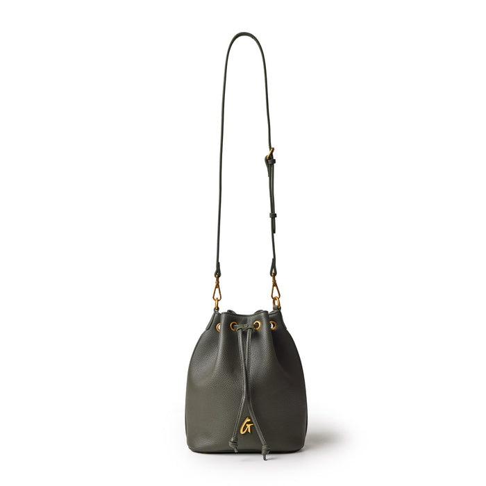 Medium olive green pebble bucket bag with a drawstring closure, gold accents, and a long adjustable strap.