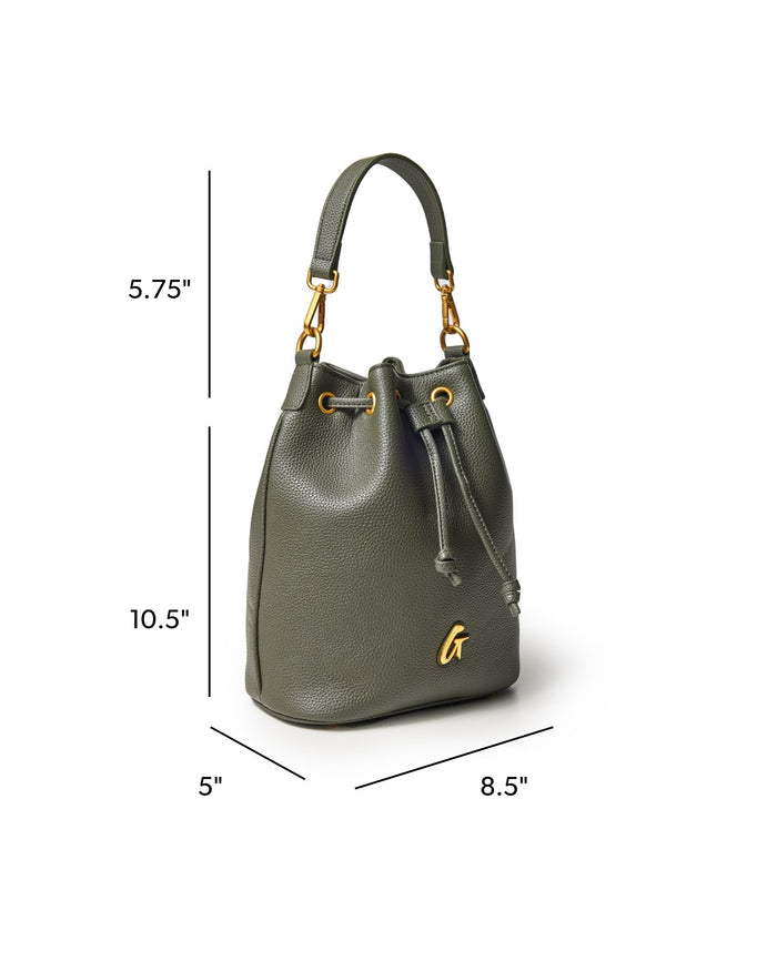 Olive green medium pebble bucket bag with gold accents and adjustable drawstring closure, stylish and functional.