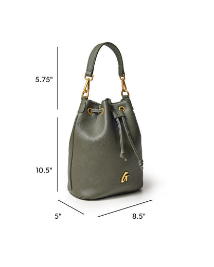 Olive green medium pebble bucket bag with gold accents and adjustable drawstring closure, stylish and functional.