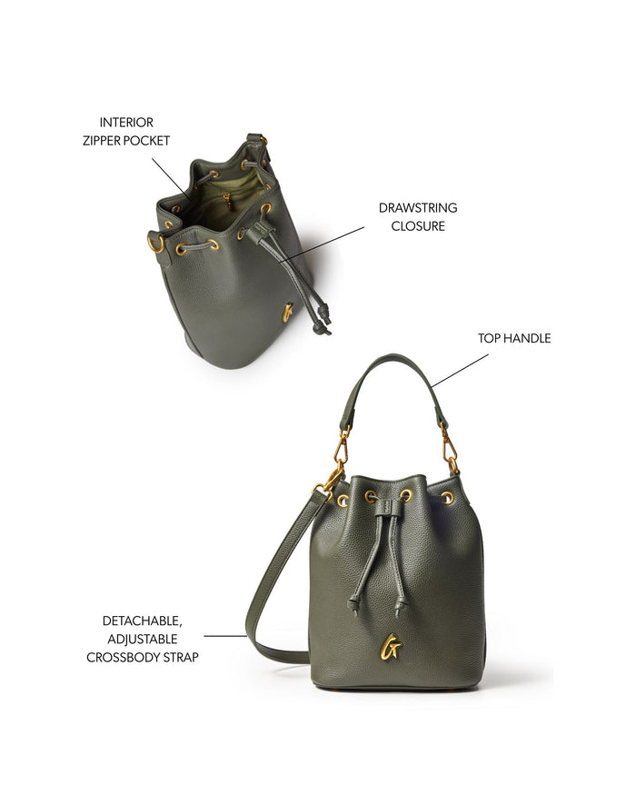 Olive green medium pebble bucket bag with drawstring closure, top handle, and adjustable crossbody strap.