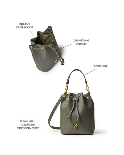 Olive green medium pebble bucket bag with drawstring closure, top handle, and adjustable crossbody strap.