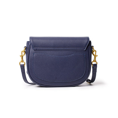 Medium navy pebble leather shoulder bag with a front pocket, gold hardware, and adjustable strap.
