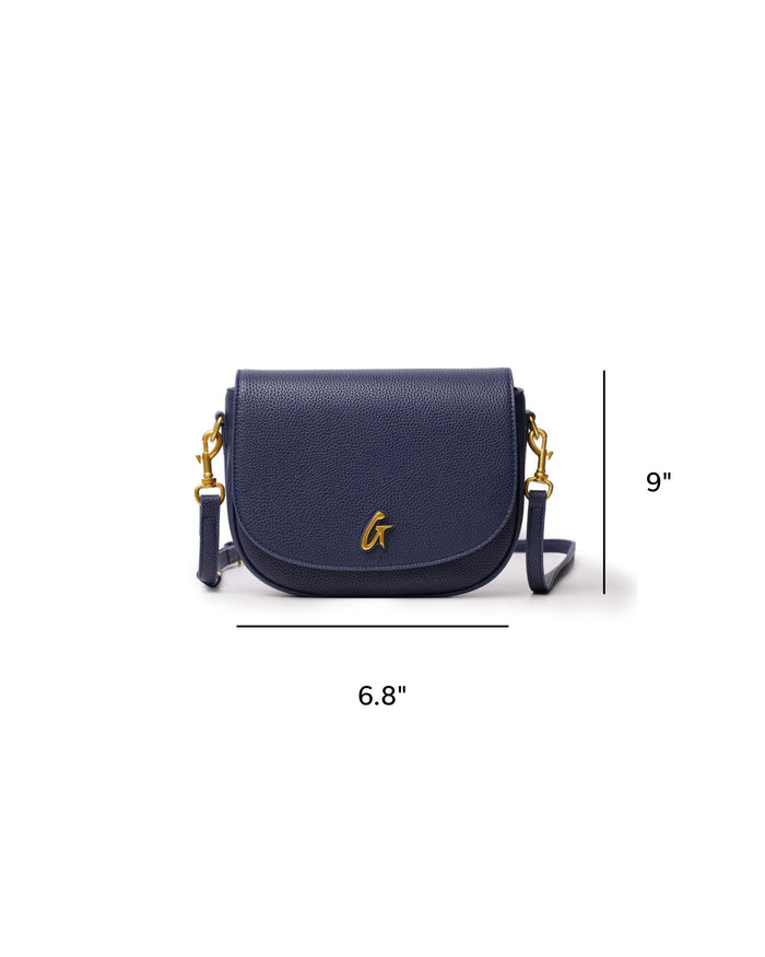 Navy medium pebble shoulder bag with gold hardware and adjustable strap, perfect for stylish everyday use.