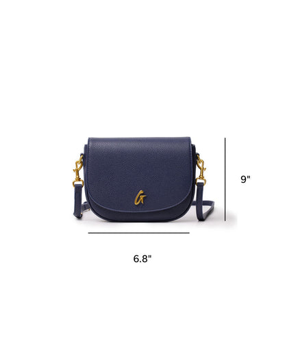 Navy medium pebble shoulder bag with gold hardware and adjustable strap, perfect for stylish everyday use.