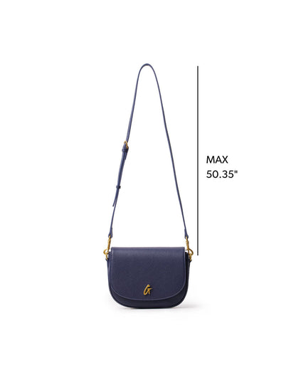 Navy medium pebble shoulder bag with adjustable strap and gold logo detail, perfect for stylish everyday use.
