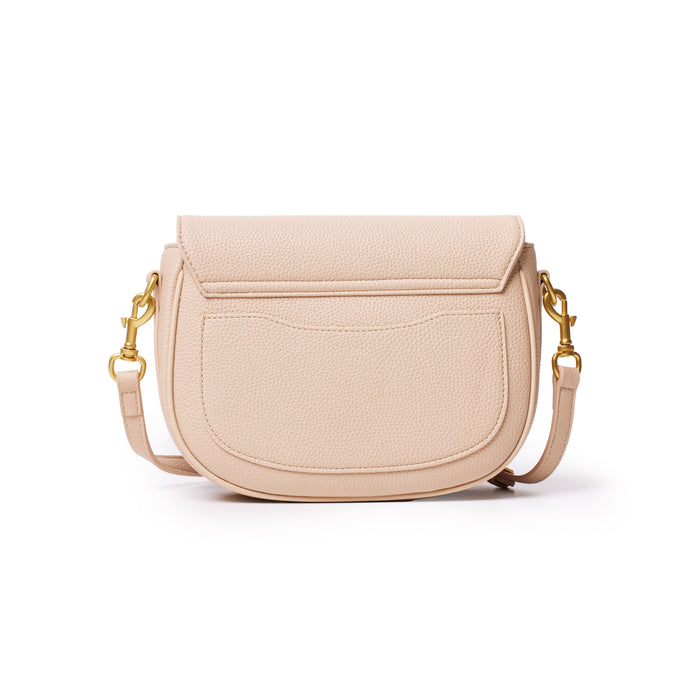 Medium nude pebble shoulder bag with a front pocket, gold hardware, and an adjustable strap.